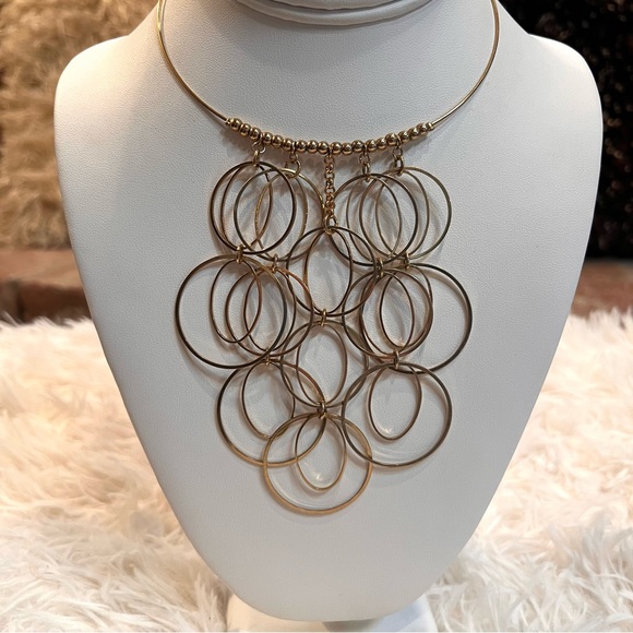Bohemian BoHo Disco Dressy Gold Tone Chain Link Circle Loop Bib Choker Necklace - Picture 4 of 14